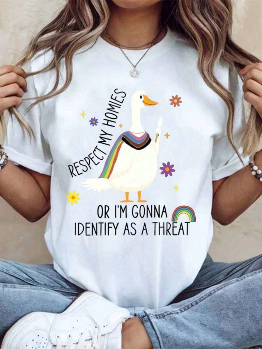 1 pieza Camiseta con estampado gráfico de unicornio arcoíris "Respect My Homies Or Im Gonna Identify As A Threat Duck Pride" para mujeres y niñas, LGBTQ, top casual de verano, 180g 100% algodón. - Blanco - Ver 1