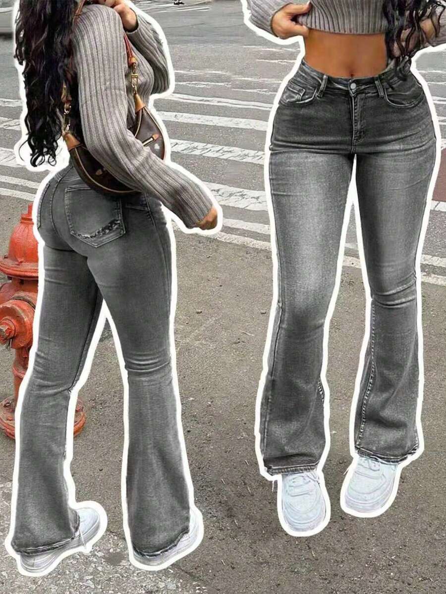 Women's Vacation Style Casual Ins Washed Frayed Skinny Flare Jeans Spring Fall - Grey - View 1