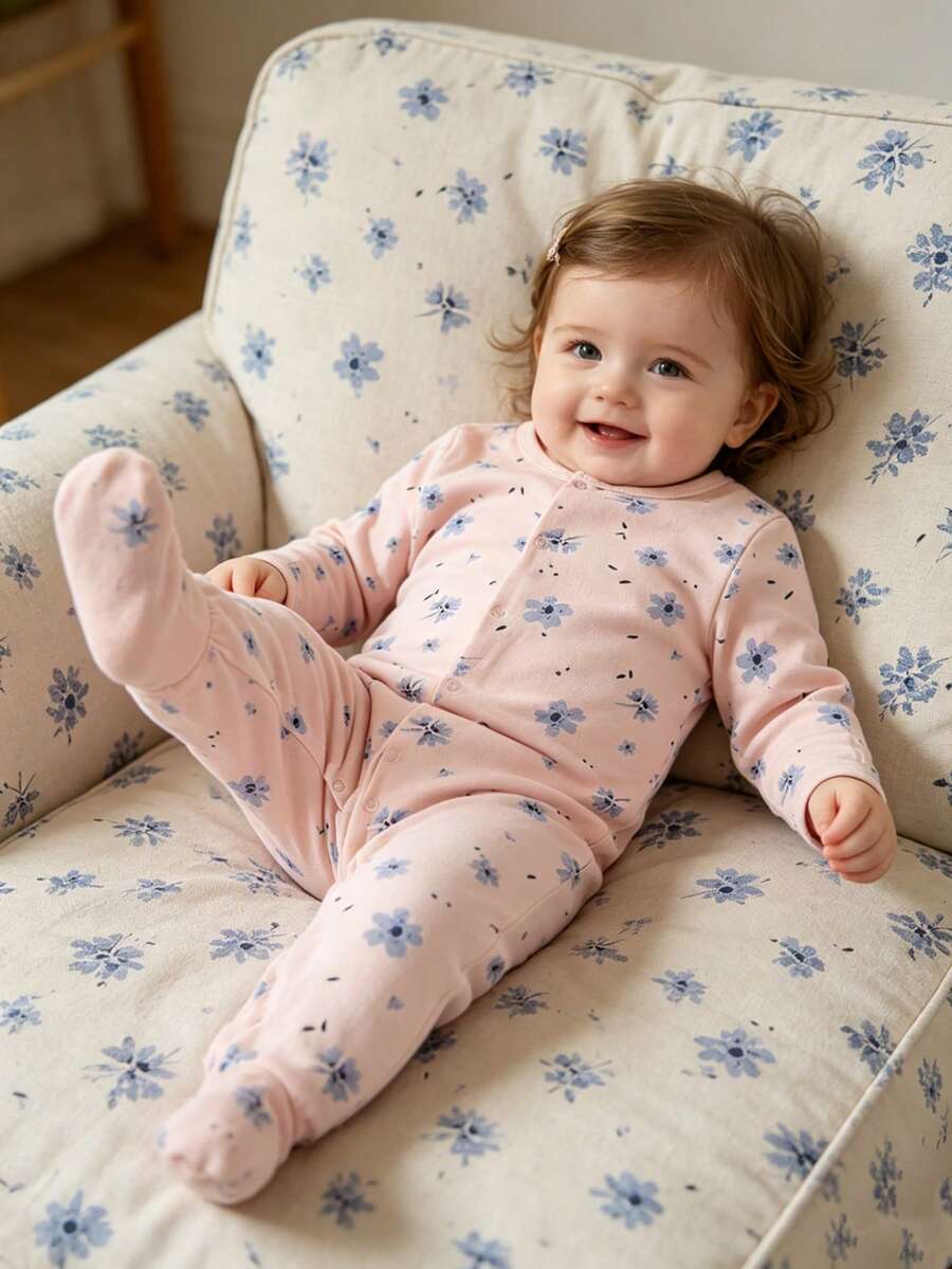 Baby Girls Indoor & Outdoor Jumpsuit, Girls' Long Sleeve Jumpsuit, Comfortable Casual Round Neck Button , Ditsy Floral, Suitable For 1-12 Months, Spring/Summer/Autumn/Winter - Baby Pink - View 1