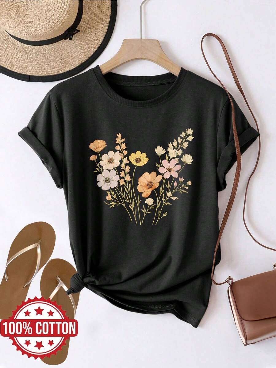 Camiseta con estampado gráfico, Top casual de manga corta con cuello redondo para verano y primavera, Ropa de mujer