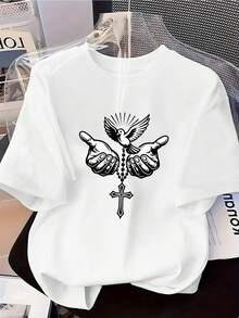 Simple And Versatile Design: A Women's Spring/Summer Top Featuring A Design Of Praying Hands, A Dove, A Cross, And Prayer Beads. This T-Shirt Has A Crew Neck And Short Sleeves, Making It A Casual Yet Stylish Garment. It's A Chic Party Outfit With A Relaxed Fit, Suitable As A Holiday Gift, And With A Fun Design, Perfect For Everyday Wear And Lounging At Home. Cotton T-Shirt. - 白色 - 查看 1