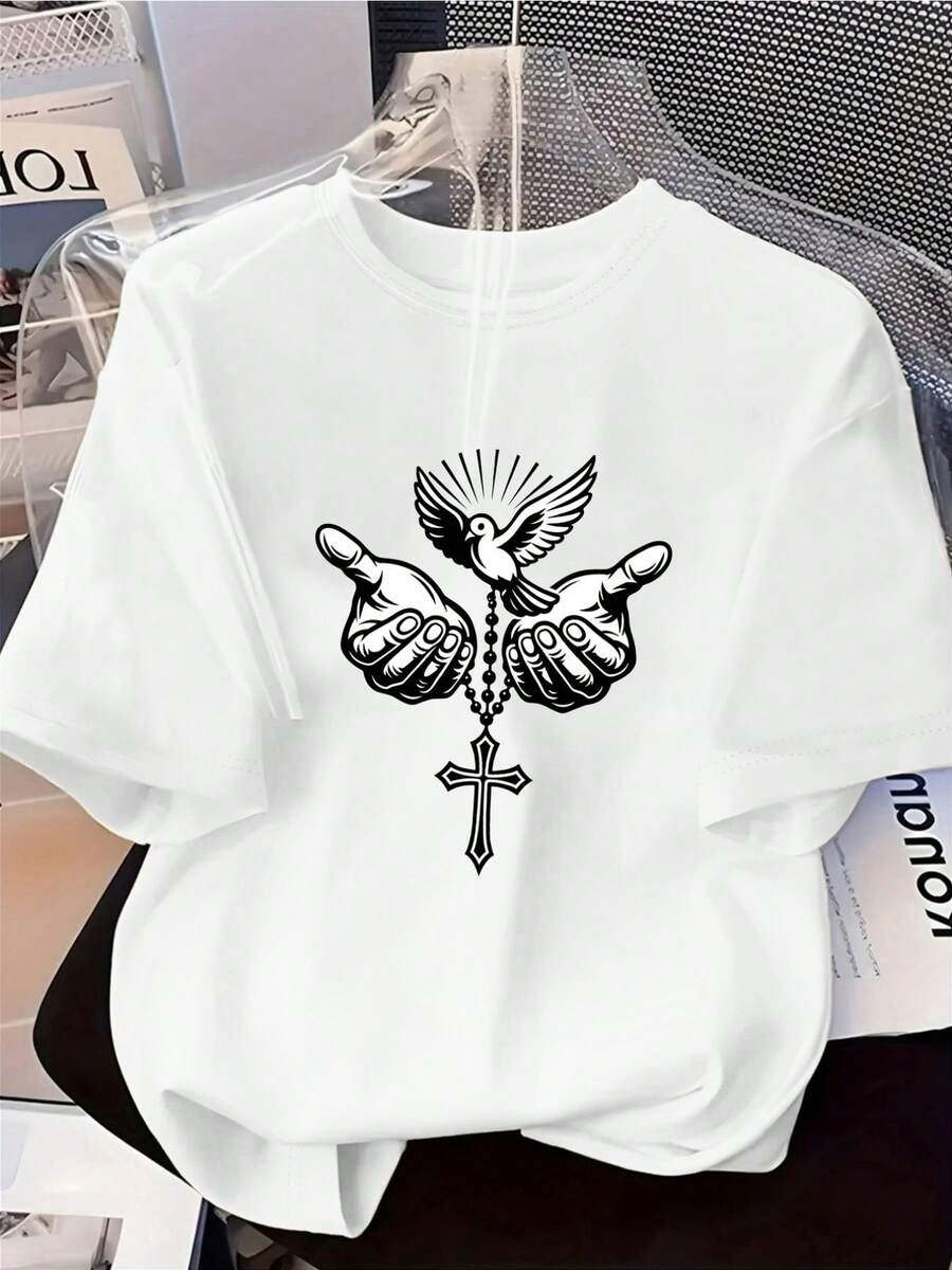 Simple And Versatile Design: A Women's Spring/Summer Top Featuring A Design Of Praying Hands, A Dove, A Cross, And Prayer Beads. This T-Shirt Has A Crew Neck And Short Sleeves, Making It A Casual Yet Stylish Garment. It's A Chic Party Outfit With A Relaxed Fit, Suitable As A Holiday Gift, And With A Fun Design, Perfect For Everyday Wear And Lounging At Home. Cotton T-Shirt. - 白色 - 查看 1