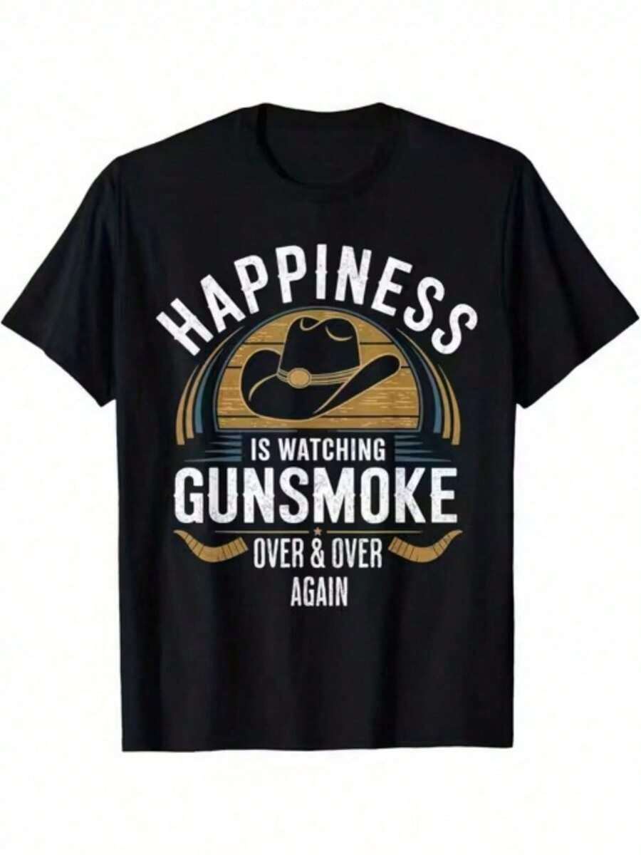 Ropa de mujer a la moda con un estampado de sombrero de vaquero en un estilo divertido, camiseta casual de manga corta para mujer, suave y con caída, adecuada para uso diario, oficina, escuela, vacaciones, camping, de estilo versátil, que hace que tu verano sea más vibrante y colorido. - Negro - Ver 1