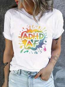 playeras de mujer algodon Camiseta de cuello redondo con estampado ADHD AF, camiseta casual de manga corta para primavera y verano, ropa de mujer. >ropa - Blanco - Ver 7