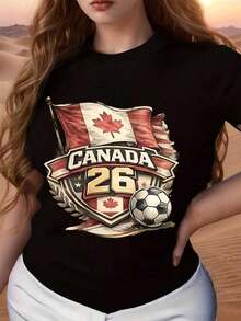 Camiseta de talla grande de Canadá 2026 con diseño de la bandera, balón de fútbol, hoja de arce y escudo para aficionados al deporte y uso casual, camiseta de mujer, camiseta de la Copa Mundial 2026, camiseta con estampado gráfico. - Negro - Ver 6