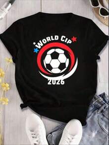 Unisex Casual-Shirt Black Shirt 2026 Soccer Ball Graphic Print Fans And Sports Events Fun Printed Round Neck Short Sleeved Men's And Women's-Shirts, Suitable: Sports Events/Holiday Parties/Outings/Sports And Other Holiday Gifts - Negro - Ver 1
