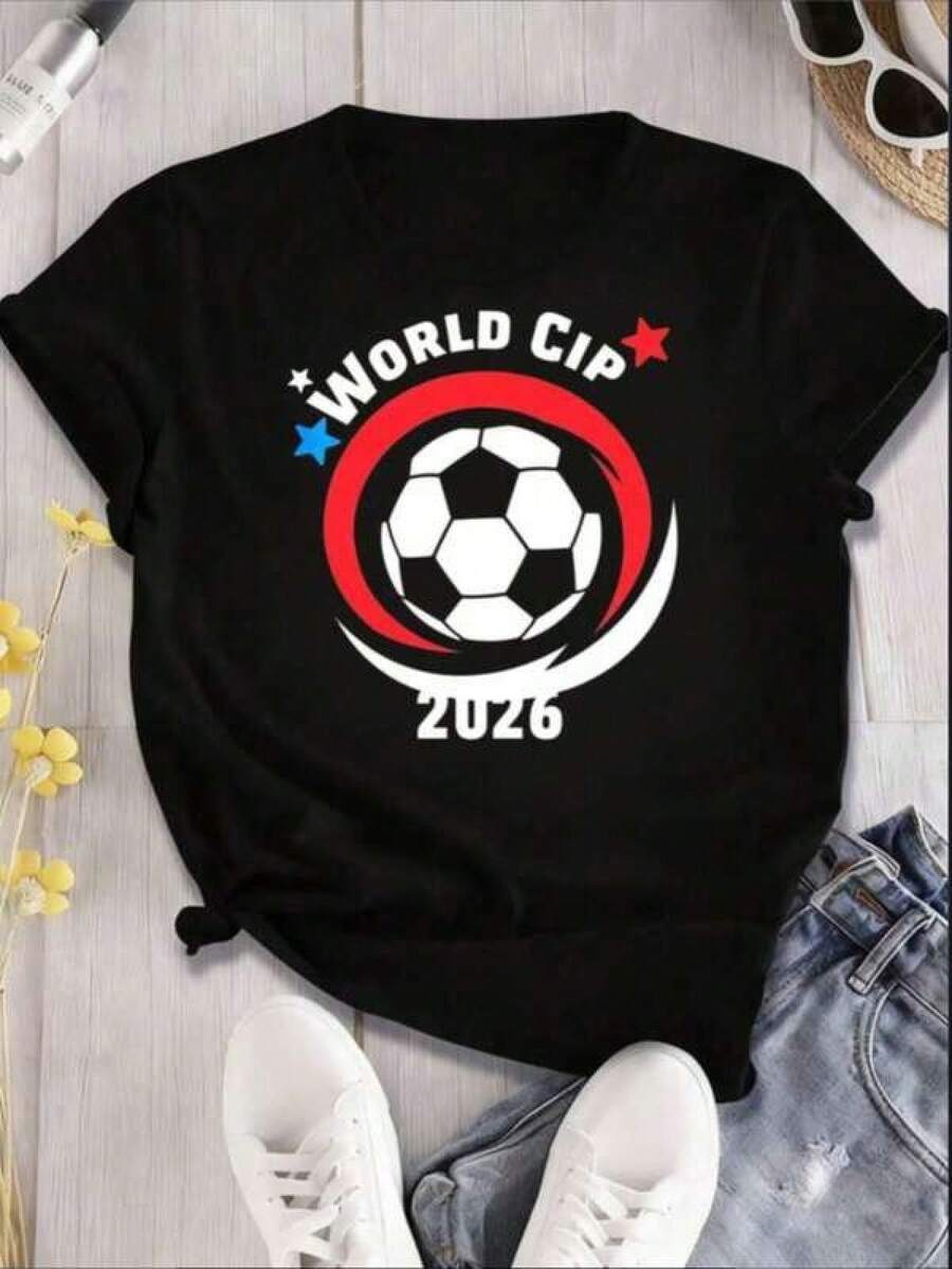 Unisex Casual-Shirt Black Shirt 2026 Soccer Ball Graphic Print Fans And Sports Events Fun Printed Round Neck Short Sleeved Men's And Women's-Shirts, Suitable: Sports Events/Holiday Parties/Outings/Sports And Other Holiday Gifts - Negro - Ver 1