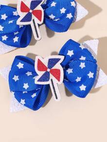 2pcs/Set Independence Day Star Print Hair Clips, Blue Bow Hair Clips With Shiny Sequin Windmill Decor, Patriotic Hair Accessories Suitable For Fashion Girls And Teenagers - Multicolor - View 4