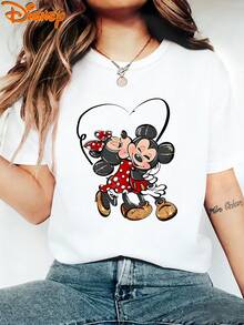 Disney Genuine Women'S Summer Clothing Mickey And Minnie Kissing Cartoon Pattern Background Heart Outline Women'S T-Shirt Top Summer New Short Sleeve T-Shirt Women'S Casual Fashion Printed T-Shirt Women'S Elegant Women'S Clothing T-Shirt Women - trắng - Xem 1
