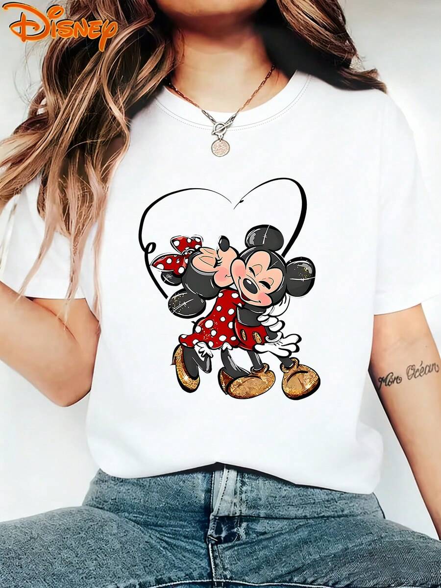 Disney Genuine Women'S Summer Clothing Mickey And Minnie Kissing Cartoon Pattern Background Heart Outline Women'S T-Shirt Top Summer New Short Sleeve T-Shirt Women'S Casual Fashion Printed T-Shirt Women'S Elegant Women'S Clothing T-Shirt Women - trắng - Xem 1