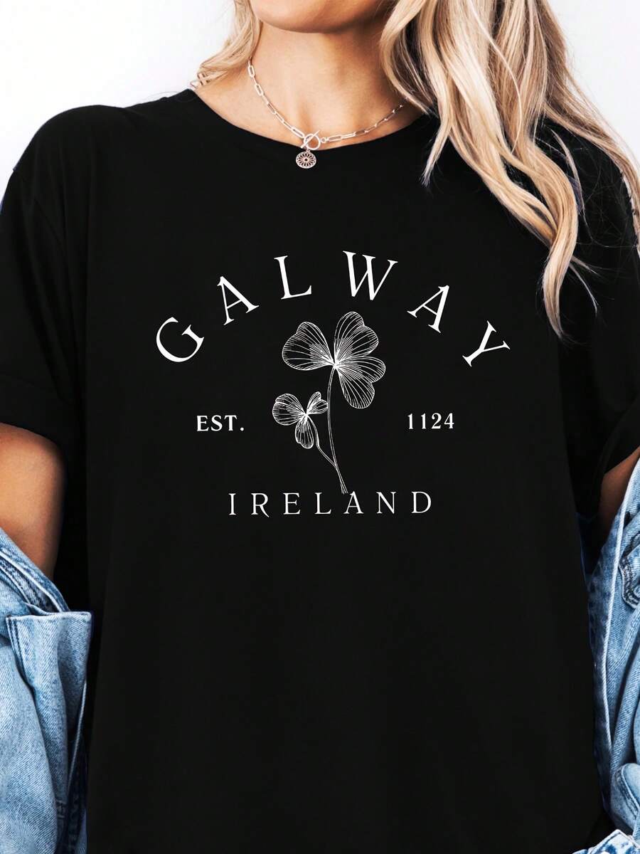 Camiseta unisex para mujerInformalRedondoCuelloCamisetaconAlfabetoCartaImprimirSuaveElasticidad - Negro - Ver 1