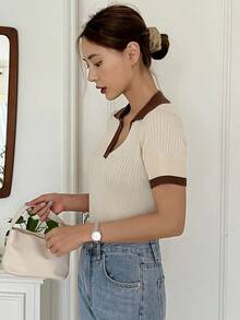 Blusa de punto acanalado con cuello de contraste, ropa de otoño - Beis - Ver 6