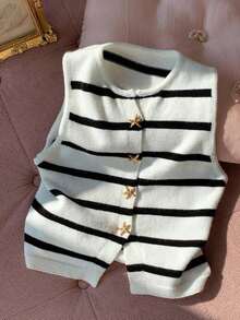 Blusa de punto de rayas informal sin mangas con decoración de metal para mujer - Albaricoque - Ver 4