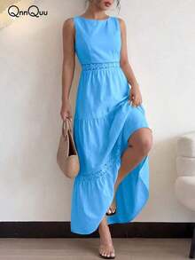Vestido de mujer de verano con cuello redondo, sin mangas, con encaje en la cintura y bolsillo, elegante y romántico, adecuado para uso diario, citas y vacaciones - Azul cielo - Ver 5