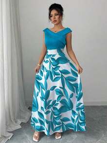 Vestido midi casual de estilo vacacional con escote en V, cintura y vuelo, en estampado azul de patchwork para mujer - Agua verde azul - Ver 7
