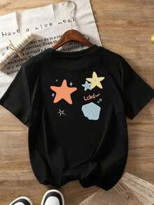 Camiseta de Mujer con Estampado de Estrellas de Mar y Conchas de Nemo - Manga Corta, Cuello Redondo, Ropa Casual de Verano para la Playa, con Tela de Elasticidad Media, Adecuada para Atuendos Diarios de Primavera, Verano y Otoño y 'Noches de Cine'. - Negro - Ver 3