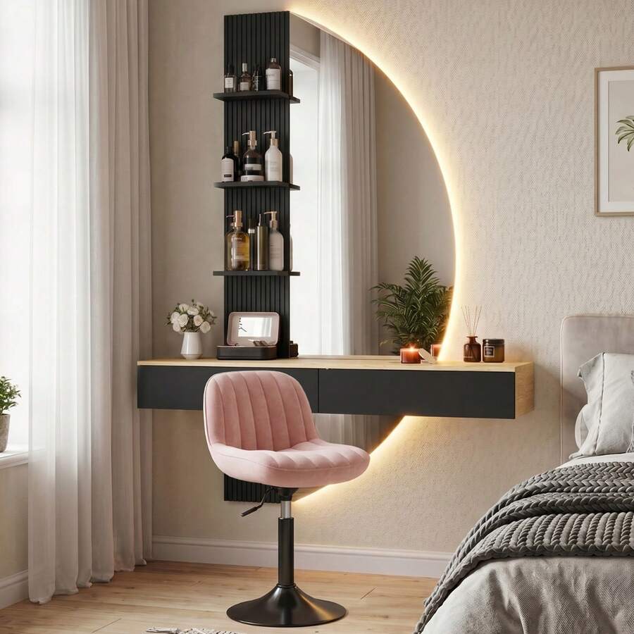 Devoko White Wall-Mounted Vanity Table With LED Mirror, Makeup Table With 4 Open Shelves And 2 Drawers, 3 Dimmable Light Colors, Suitable For Bedroom, Wardrobe, Hallway And Living Room, 106 X 143 Cm, With Pink Velvet Stool - 查看 1