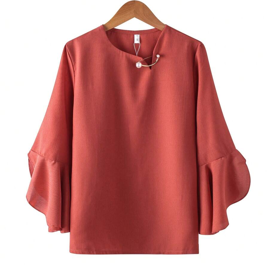 Blusa Holgada de Chifón con Mangas con Volantes de Siete Puntos para Mujer - Rojo - Ver 1
