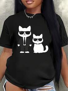 Camiseta de manga corta de poliéster, con diseño de pareja de gatos, adecuada para usar en casa, la oficina o el restaurante como atuendo informal. Ligera y duradera, el divertido diseño estampado brinda una experiencia cómoda en el día a día. - Negro - Ver 7