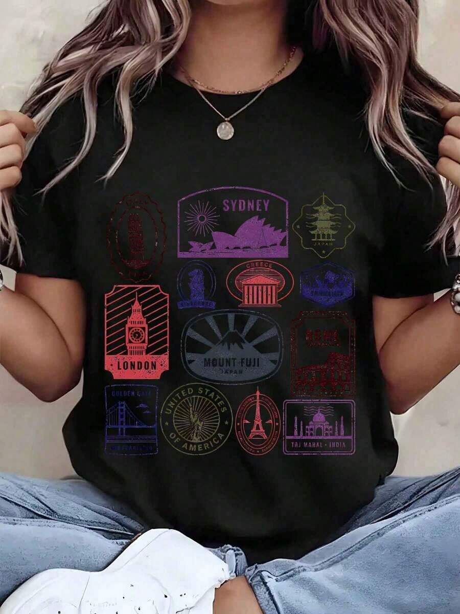 Under The Radar Women's T-Shirt With World Monuments Print, Graphic Design, Crew Neck, Casual Loose Fit, Travel Souvenir Gift, Cotton Blend Top - Vintage Urban Style, Unisex, Short Sleeve Cotton Crew Neck T-Shirt - 黑色 - 查看 1