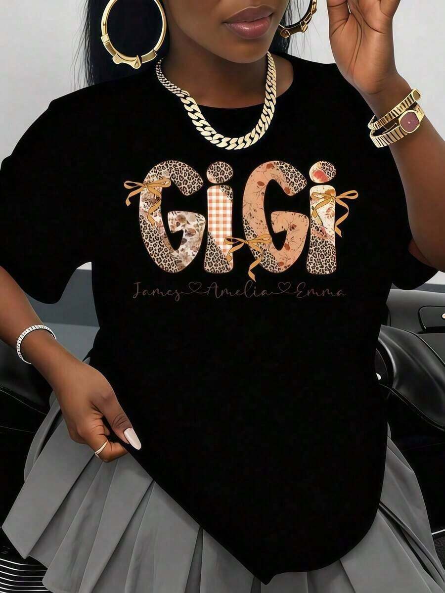 TrendyCamiseta Personalizada Con Diseño De Leopardo Y Flores Para Mujer, Regalo De Otoño Para La Abuela, Con Nombre Personalizado, Corazones Y Diseño De Cinta Summer Clothes,Graphic TeesEveryday Wear - Negro - Ver 1