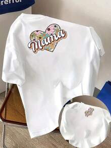 Camiseta de manga corta con estampado frontal y trasero, Mama, camiseta casual de moda para mujer, top casual de manga corta con cuello redondo, para verano y primavera, ropa de mujer 100% algodón. - Blanco - Ver 7
