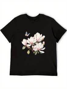 Women's Cotton T-Shirt, Sizes 0XL-5XL, With A Bright Floral Print Of Butterflies And Magnolias, Breathable And Opaque Fabric, Loose Round Neck, Casual Summer And Spring Style, Comfortable Everyday T-Shirt For Women - Unisex Loose Cotton Short Sleeve Round Neck T-Shirt, Urban Vintage Style. - 黑色 - 查看 3