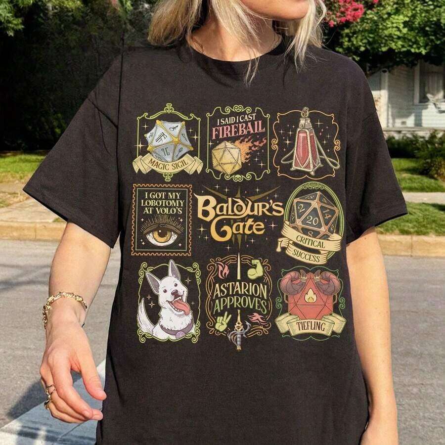 Camiseta Baldurs Gate 3 Adventure Comfort Color, Regalo para Elfos, Camiseta de Videojuegos, Regalo para Gamers, Merch de Astarion BG3, Camiseta de Gaming - Estilo Urbano Vintage Unisex, Camiseta de Algodón de Manga Corta con Cuello Redondo, blusas para mujer. blusas.blusas casuales para dama. - Negro - Ver 1