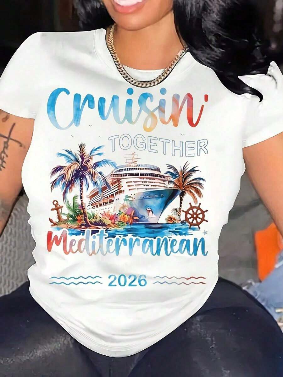 "Cruisin Together" Casual T-Shirt With Mediterranean Cruise Ship, Palm Trees And Ocean Design, Summer Vacation Travel Souvenir For Beach Getaways And Holiday Celebrations, For Women. - 白色 - 查看 1