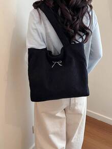 Bolso de hombro de tela de pana de unicolor - Negro - Ver 6