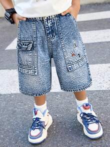 Young Boy Fashion & Vintage Style Wide Leg Light Wash Denim Cargo Shorts For 2-8 Years, Embroidered Craftsmanship, Multi-Pocket, Loose Fit, Button Fly, Half Elastic Waistband, Adjustable Waist, Denim Utility Shorts, Knee Length - Light Wash - View 16