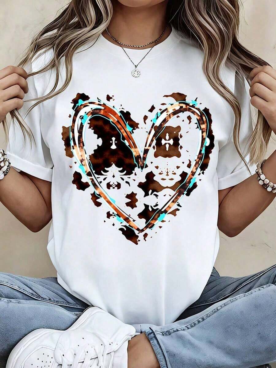 Heart Print T-Shirt, Casual Sportswear, Vintage Urban Style, Unisex, Loose Fit, Cotton, Short Sleeve, Round Neck, 100% Cotton - 白色 - 查看 1