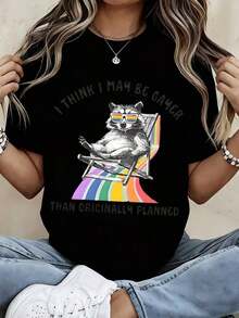 Camiseta de moda para mujer con estampado gráfico de un mapache con gafas de sol sobre una silla arcoíris: "Creo que soy más gay de lo que había planeado originalmente". Top casual de verano para uso diario y eventos de orgullo.blusa casual mujer - Negro - Ver 7