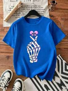 Women's Black T-Shirt With Neon Pink Skeleton Hand Graphic, Casual Short Sleeve Rock And Gothic Aesthetic Style Tee, Modern Cotton Top With Rebel Gesture Design,  Youth Blouse For Concerts And Alternative Streetwear Outfits (Pure-Cotton) - 藍色 - 查看 8