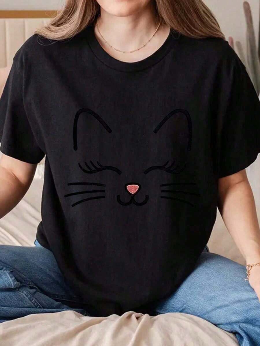 Camiseta de Mujer Under The Radar con Estampado de Cara de Gato, Cuello Redondo, para Uso Casual, Fiestas y Uso Diario, Tela Cómoda, Adecuada para Reuniones Familiares, Fiestas y También como Regalo para Amigos, 220g - Estilo Vintage Urbano, Unisex, de Algodón, Manga Corta, Cuello Redondo. - Negro - Ver 1