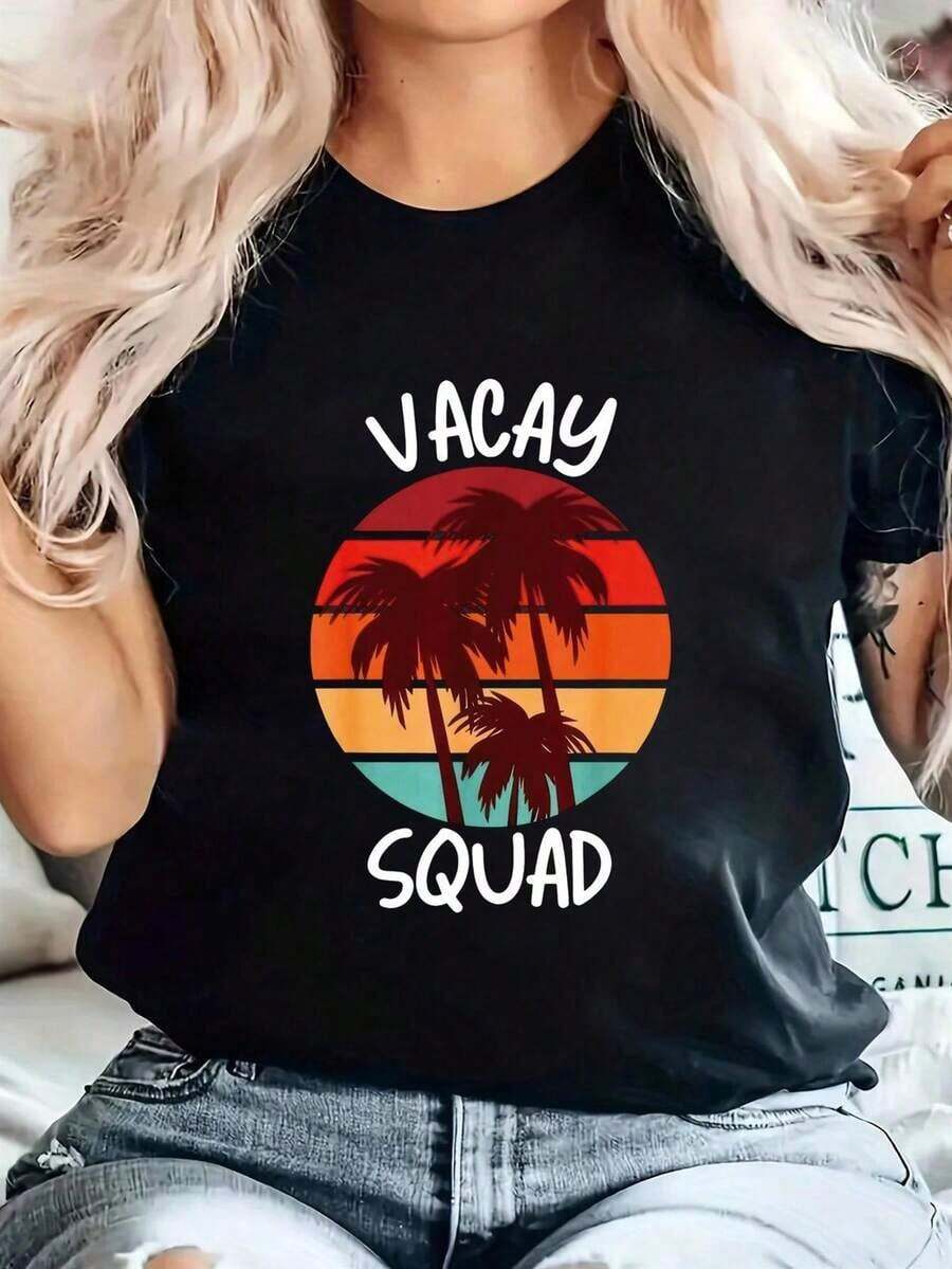 ComfortableCamiseta de Mujer con Estampado de Palmera y VACAY - Manga Corta, Cuello Redondo, Casual para Playa, Vacaciones, Verano, Gimnasio y Uso Diario (Lavable a Máquina)Fashion All-match Women's Short Sleeve T-shirt, Basic Style for Inner & Outer Wear