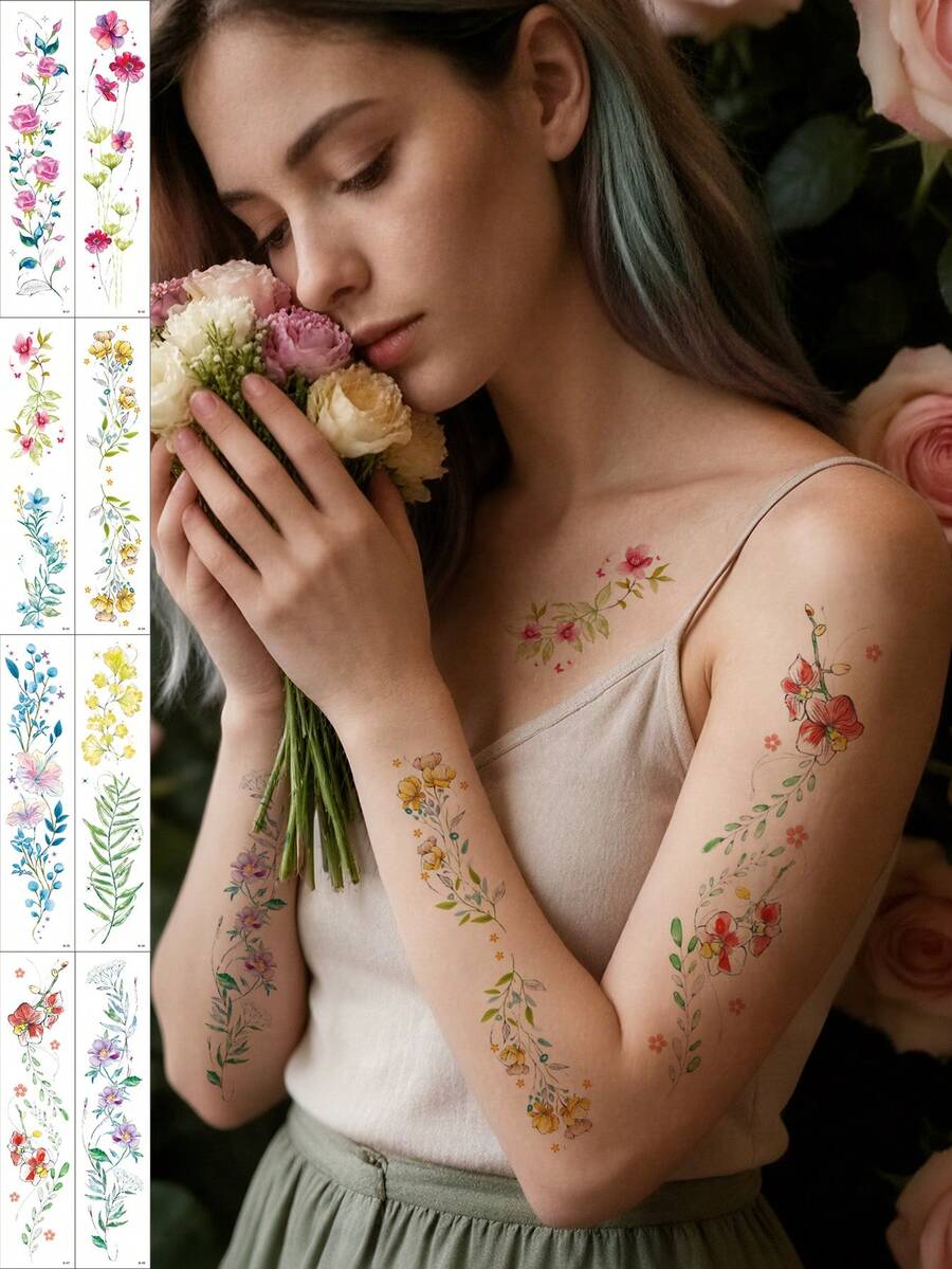 8pcs/Set,Tattoo Tattoos,Y2k,Plant Flowers With Multiple Vine Elements,Semi Permanent Tattoo,Tattoo Fake,Hand Tattoo,Fake Tattoos,Fake Tattoo,Temporary Tattoos,Tattoo Supplies,Tattoo Kit,Tattoo Stickers,Tattoo Waterproof Long Lasting,Tatooes For Women,Back Tattoo,Arm Tattoo,Tattoos On The Legs,Festival,Rave