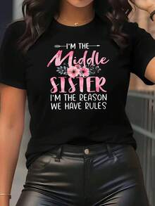 1 pieza de camiseta de manga corta con cuello redondo para mujer con estampado de hermana - estilo deportivo casual, suave y transpirable, hecha de poliéster y spandex de 180g, vivaz y divertida, elegante y alegre, resalta la individualidad, fácil de combinar. 180g 100% Algodón - Blanco - Ver 6