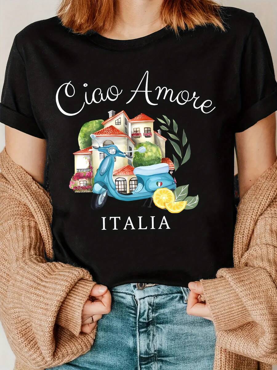 Camiseta de Recuerdo de Viaje Italiano - Estampado con Letras Italianas (-) - Top Casual de Cuello Redondo para Verano con Frases Italianas - Regalo para Aprendices de Idioma Italiano Lavable a Máquina
