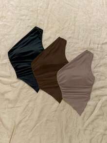 3 piezas de blusas de hombros asimétricas con bajo asimétrico en colores surtidos negro, marrón y caqui, aptas para el verano - Multicolor 2 - Ver 3