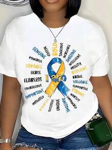 Camiseta con la cinta de concientización sobre el autismo y palabras inspiradoras para la fuerza, el coraje y el empoderamiento. Ropa casual para mujer, ideal como regalo para el Mes de Concientización sobre el Autismo, para personas autistas y sus apoyadores. Camiseta de algodón. - Negro - Ver 9