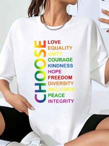 Elige Amor, Igualdad, Unidad, Coraje, Amabilidad, Esperanza, Libertad, Diversidad, Inclusión, Paz, Integridad, Orgullo, Camiseta Arcoíris para Mujer y Hombre, LGBTQ, Tallas Grandes, Ropa Casual, Regalo para el Mes del Orgullo. Playera Holgada para Mujer - Blanco - Ver 7