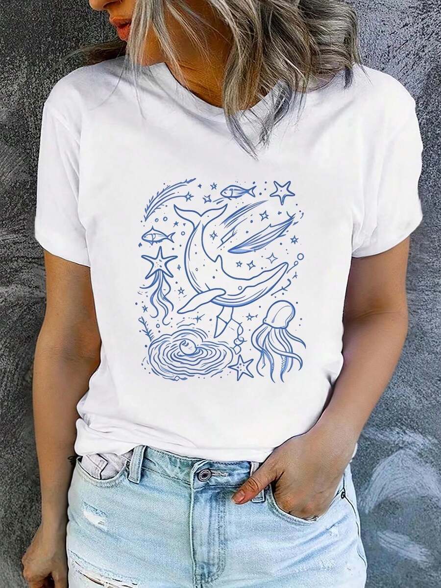 Women's Printed Short-Sleeved T-Shirt With Round Neck, Modern And Casual, Machine Washable, Comfortable Fit, 2D Flat Print, Casual 2D Blouses For Women. - 白色_01 - 查看 1