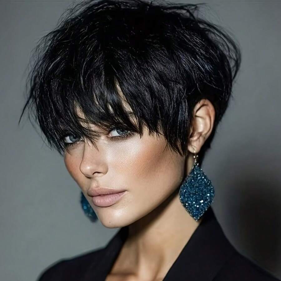 Wig Rambut Manusia Pendek Lurus Model Pixie dengan Poni untuk Wanita, Wig Rambut Manusia Remy Brasil Berlapis, Jaring Elastis, Wig Rambut Manusia Buatan Mesin Penuh, Wig Warna Hitam, Cocok untuk Liburan, Pesta, dan Sehari-hari