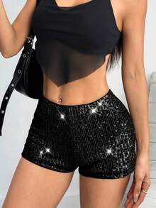 Women's Casual Sexy Shiny Splice Shorts, Suitable For Holiday & Beach Summer - Charcoal Black - View 2