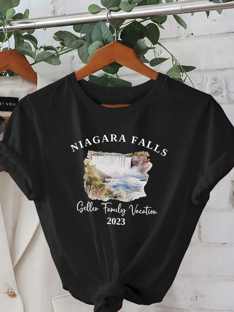 ¡Oferta por tiempo limitado, unidades limitadas, relámpago! Camisas casuales para mujer, camisetas de poliéster para mujer, camisas elegantes. Camiseta gráfica de mujer para Cataratas del Niágara - Cuello redondo casual, manga corta, poliéster ligero, lavable en máquina - Ideal para salidas de primavera y verano, aventuras al aire libre | Estilo casual | Impresión gráfica - Negro - Ver 1