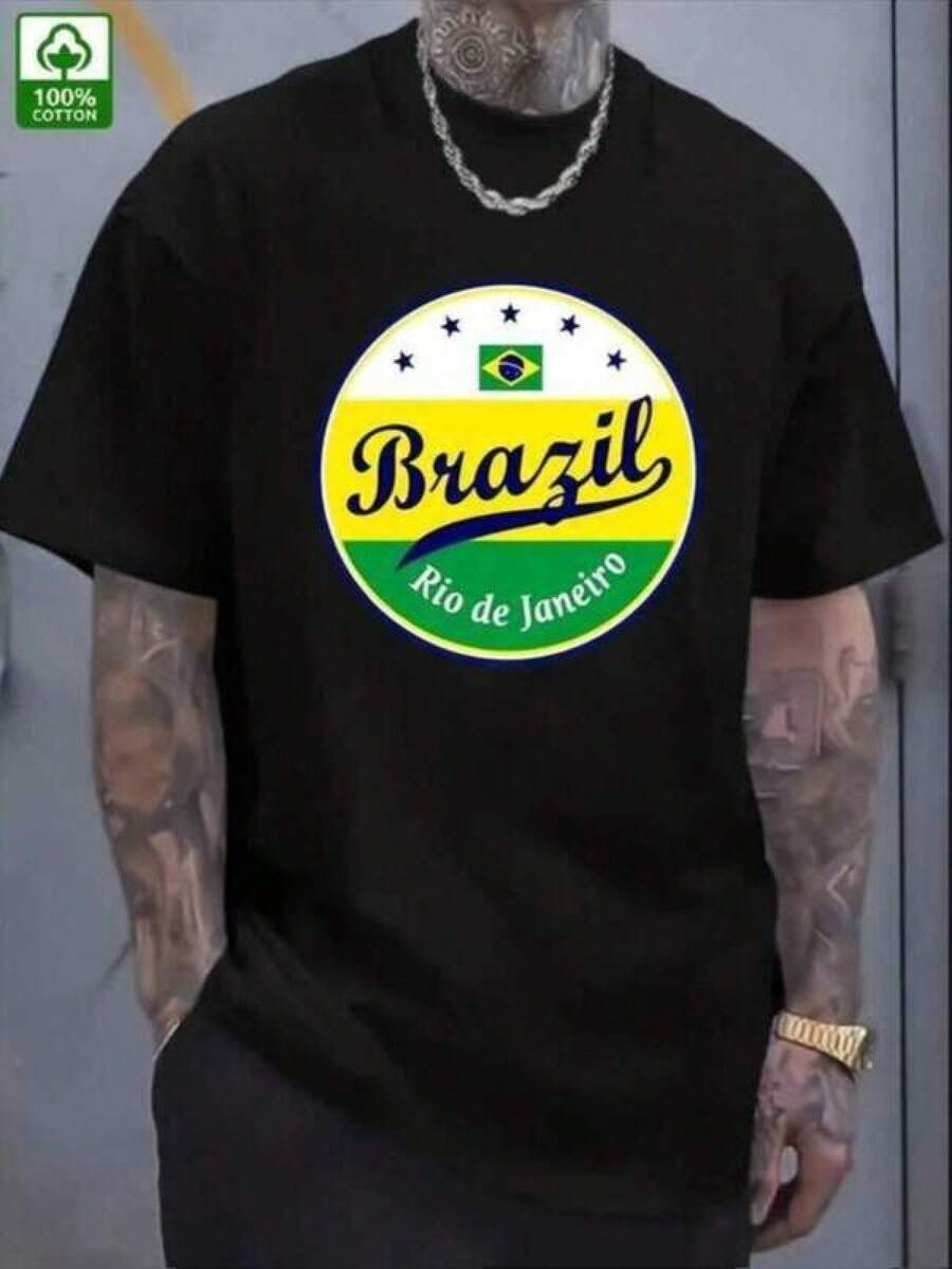 2026 -Shirt, Kids Tee, Soccer Jersey, Boys Summer Outfits, Family Matching Outfit, 's Brazil & Brazilian-Shirt - Portuguese Text & De Janeiro Print, Comfortable Short Sleeve Crew Neck Casual Tee Soccer Fans, Summer & Spring Wear, Brazilian Apparel Boy Clothes, Girls Clothes,% Cotton Soccer-Shirt, Sports Fan Adult And Children's Sizes - Negro - Ver 1