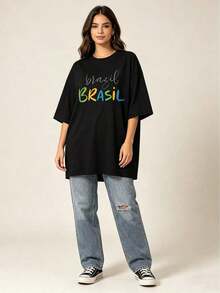 1 pieza de camiseta gráfica de gran tamaño para mujer con diseño de Brasil, estampado de los colores de la bandera brasileña, camiseta casual, de corte holgado y manga corta para ella, ideal para viajes y aficionados al fútbol, 180g 100% algodón, los diseños están completamente impresos. Unisexo. - Negro - Ver 12