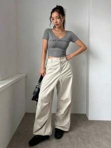 Camiseta casual de mujer de cuello redondo y manga corta con estampado de letras, camisetas estampadas - Gris 3 - Ver 3