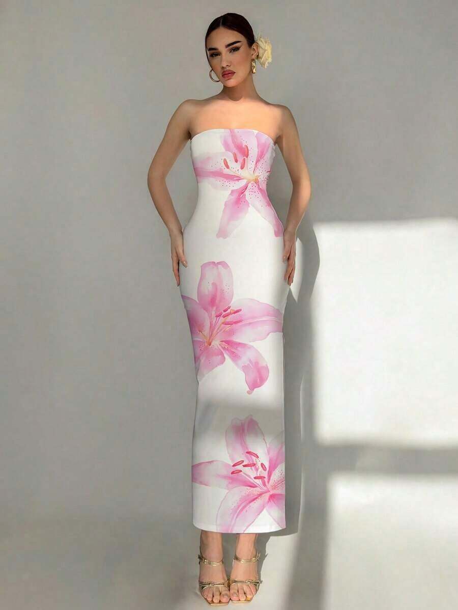 Vestido largo elegante con estampado floral de lirio para mujer, adecuado para la playa, resort, citas elegantes y románticas, festivales de música, vacaciones de primavera - Blanco - Ver 1